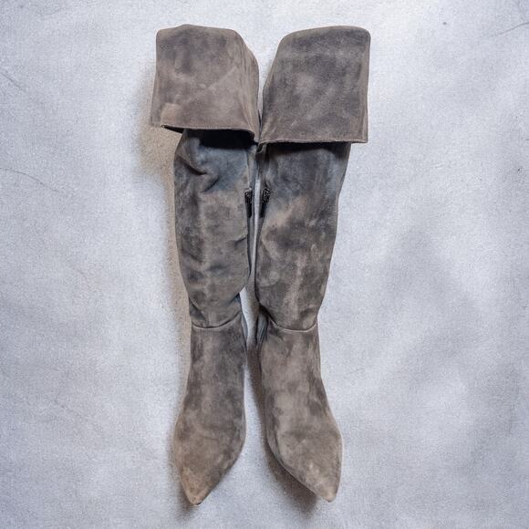 Lord & Taylor 424 Fifth Gray Suede Foldover Knee High Heeled Boots Size 6 - Picture 6 of 8